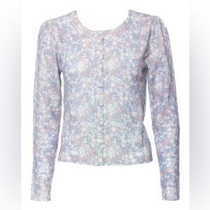 LoveShackFancy Simona Cardigan XS Serenity Blue Floral Puff Sleeve Button Front